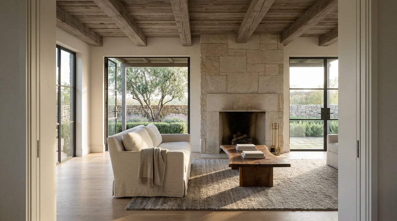 Great room with a limestone fireplace, exposed timber beams, and glass doors opening onto an olive-shaded terrace.