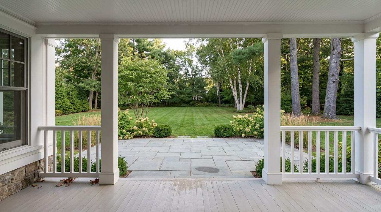 A covered porch overlooks a bluestone terrace, open lawn, and mature trees beyond white railings.