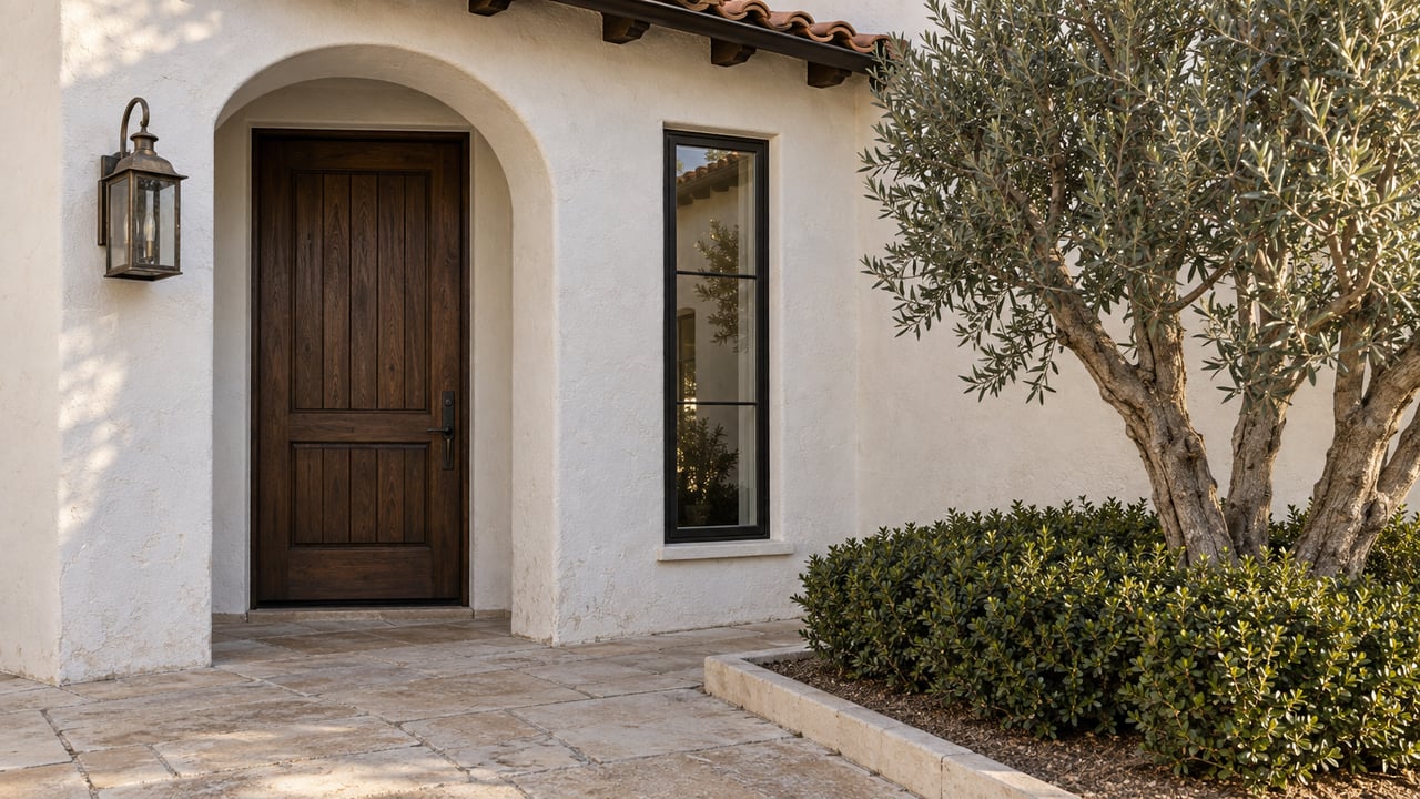 Recessed timber door beneath a plaster arch, with a narrow window, clay-tile eave, and olive tree.