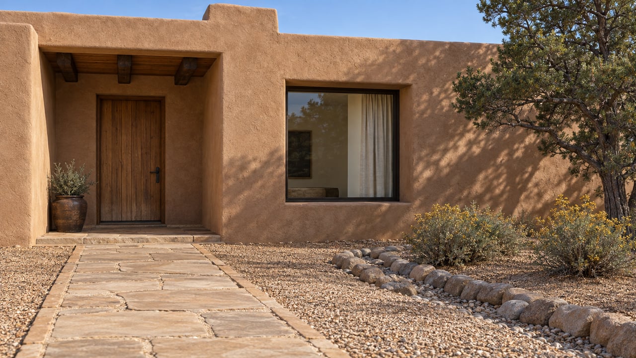Earth-toned stucco home with a recessed timber entry, sandstone approach, and sculptural pinyon pine beside a stone-lined swale.