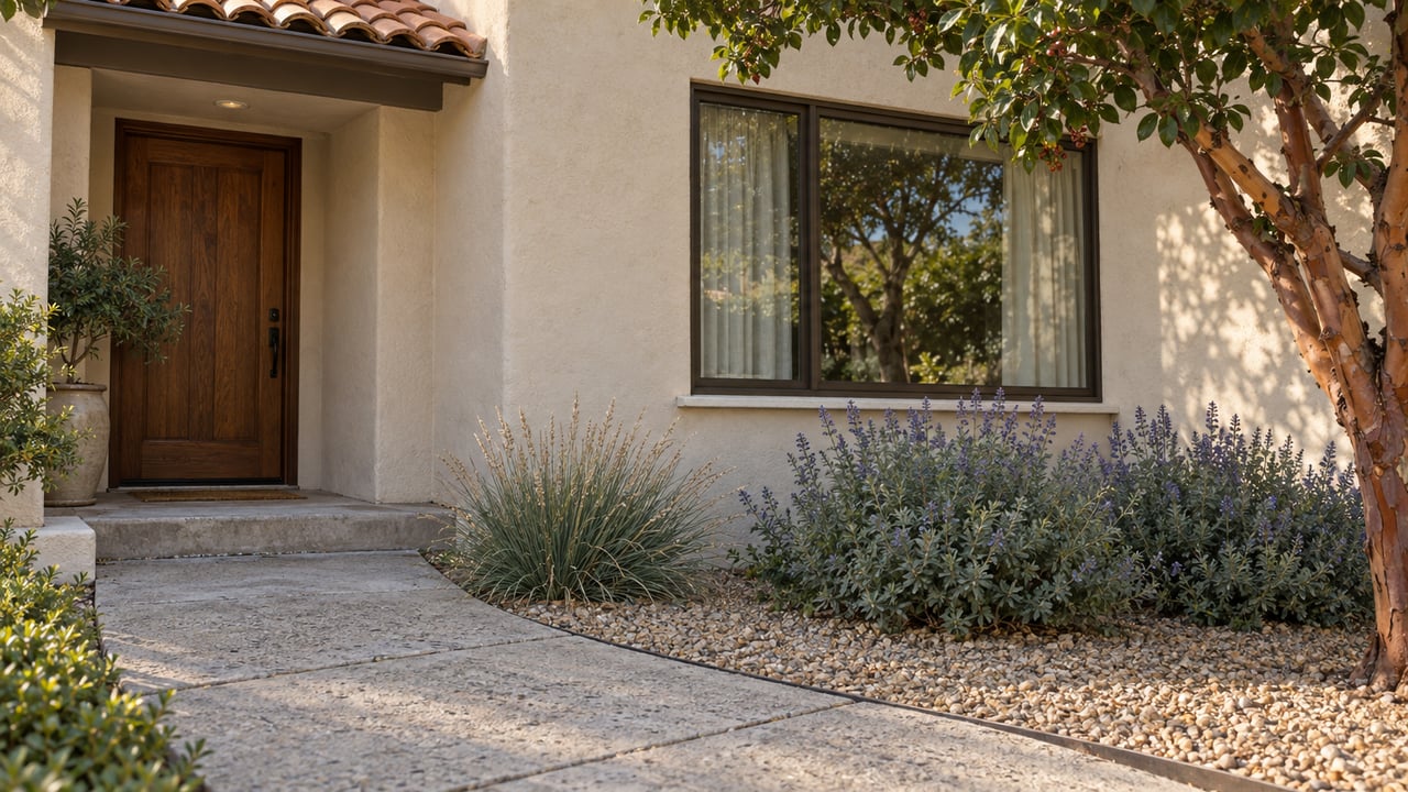 Cream stucco home with recessed oak entry, bronze picture window, and gravel-edged concrete walk.