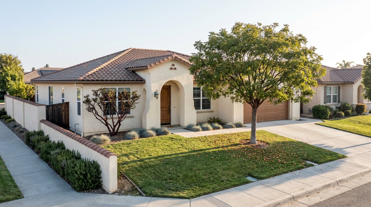 Single-story cream stucco home with a terracotta tile roof, arched entry, broad lawn, and mature trees.