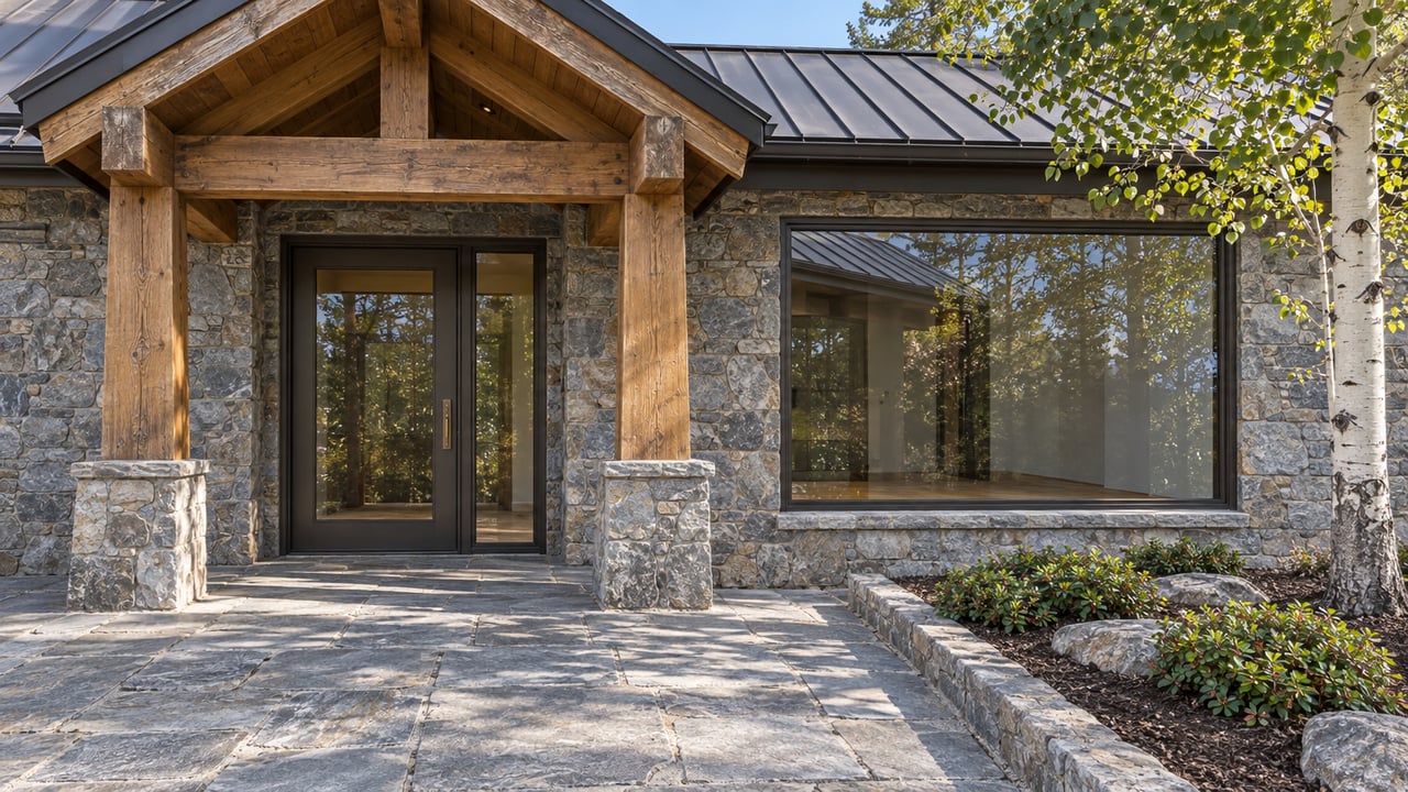 Summer sunlight on a timber gabled entry with gray stone cladding, bronze-framed glazing and a white-barked tree beside the stone approach.