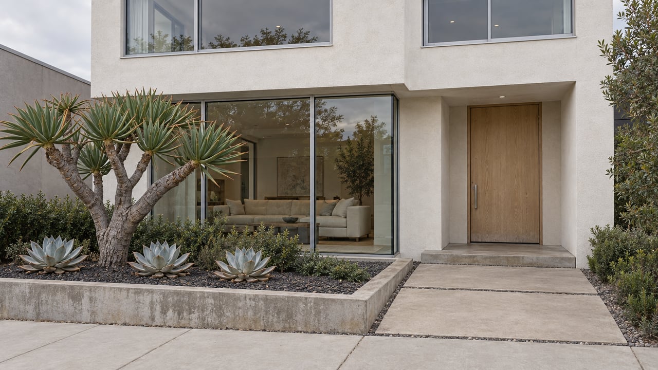 Modern two-story home with warm-white stucco, large glazed windows, a pale wood entrance door, and sculptural succulents beside a concrete approach.