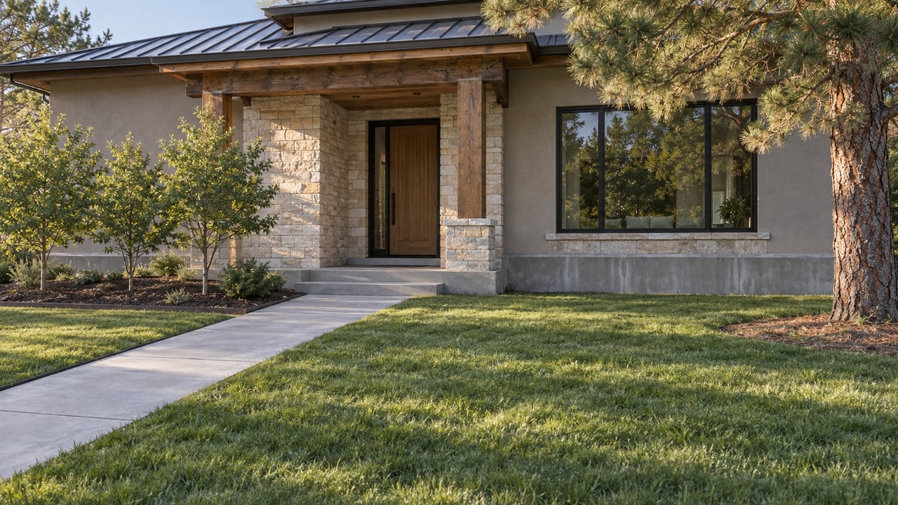 Detached house with a charcoal roof, timber porch beams, stone entry, and a broad lawn crossed by a concrete walk.