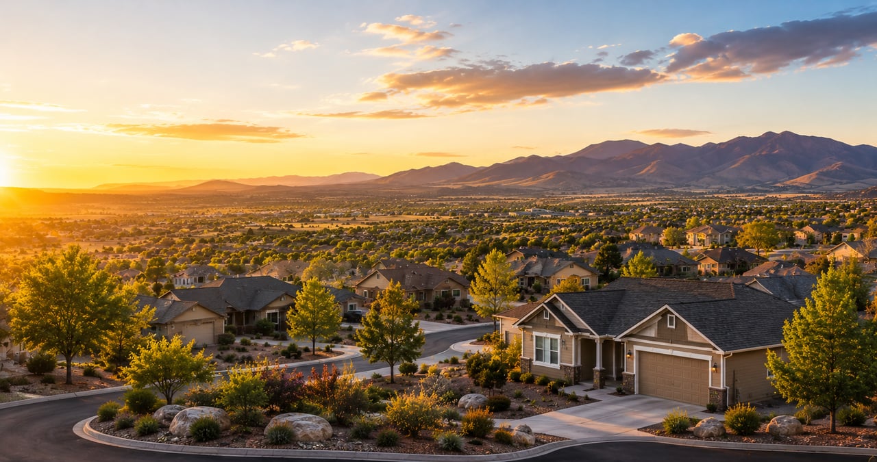 Sunset view of Prescott Valley, Arizona neighborhoods with mountain backdrop and homes across the valley