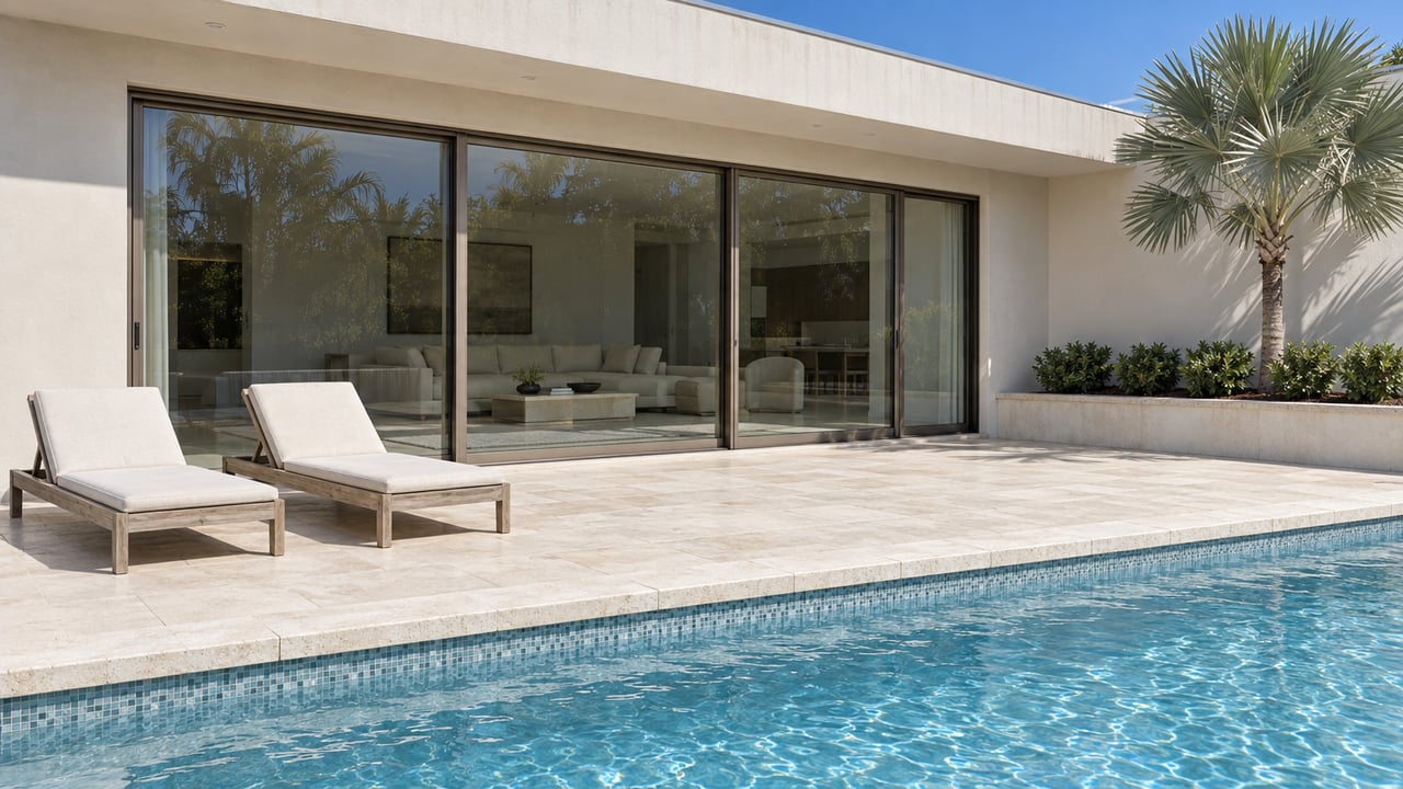 Sunlit limestone pool terrace beside a white stucco home with bronze-framed glazing, teak loungers, and a silver palm in a raised planter.