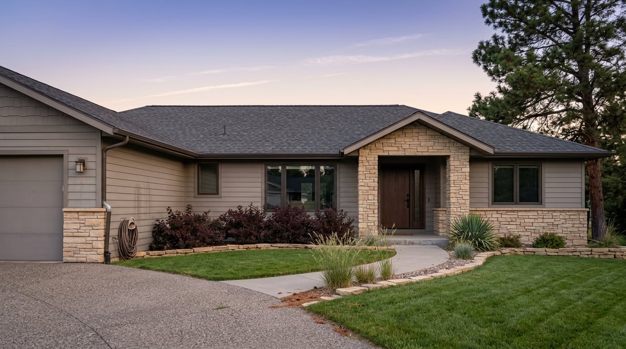 Gray suburban home with stacked-stone accents, a broad lawn, curved walkway, and pine tree at blue hour.