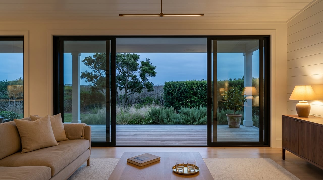 Warmly lit coastal great room with sliding glass doors open to a planted porch at twilight.