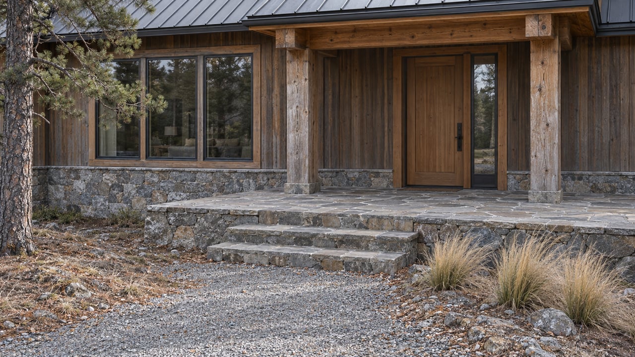 A timber home's sheltered entrance and stone terrace in cool autumn daylight, with a mature pine and straw-colored bunchgrass beside the approach.