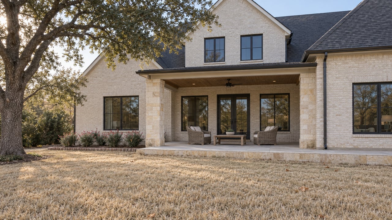Ivory brick home with steep charcoal gables, a sheltered stone terrace, and a broad dormant lawn beneath a mature live oak.