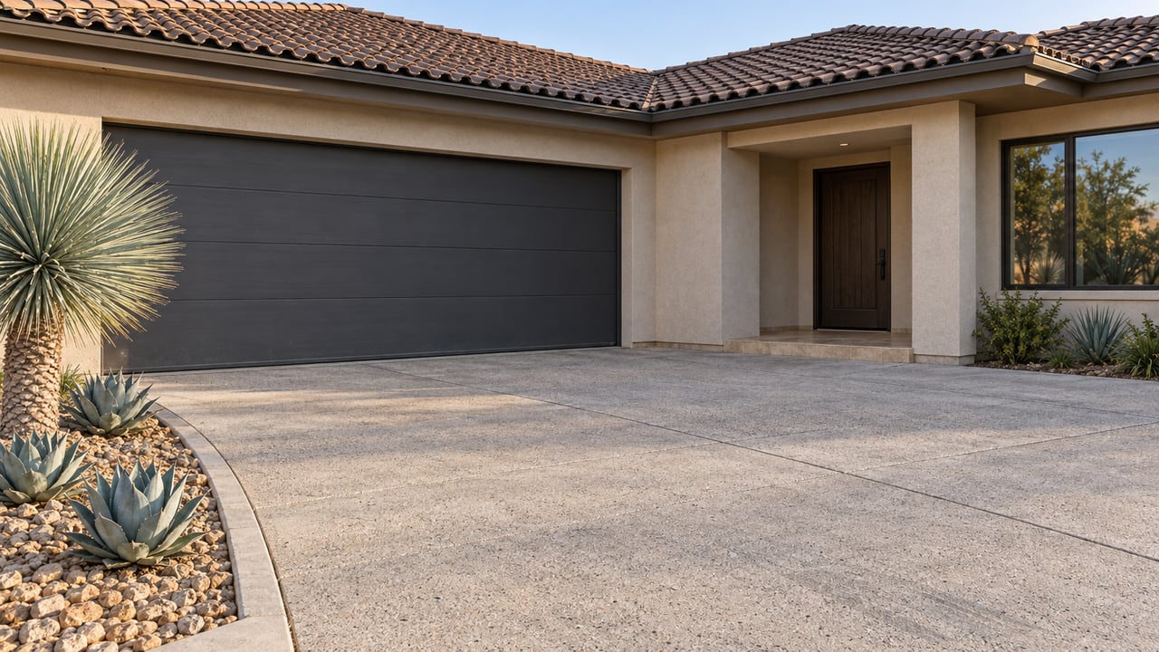 Single-story pale stucco home with a brown tiled roof, charcoal garage door, recessed wood entry and sculptural drought-tolerant planting beside a broad concrete driveway.