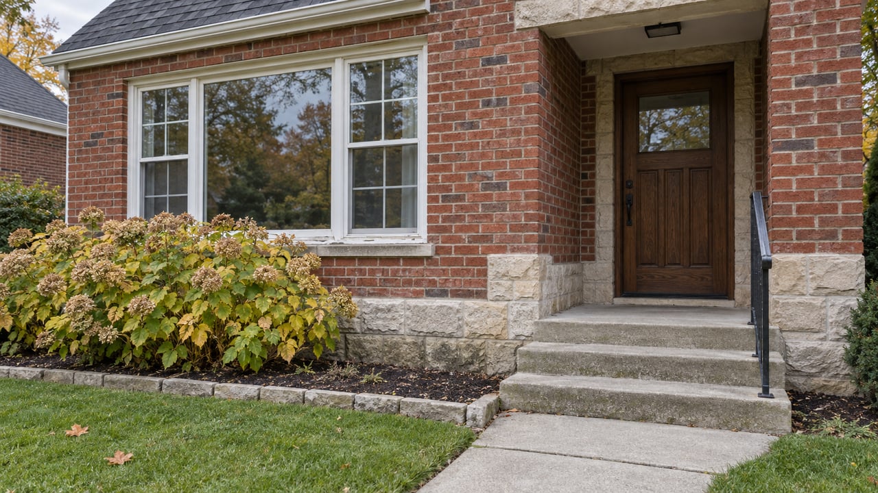 Red-brick bungalow entry with limestone base, white multi-pane window, weathered concrete steps and autumn hydrangea beside a lawn.