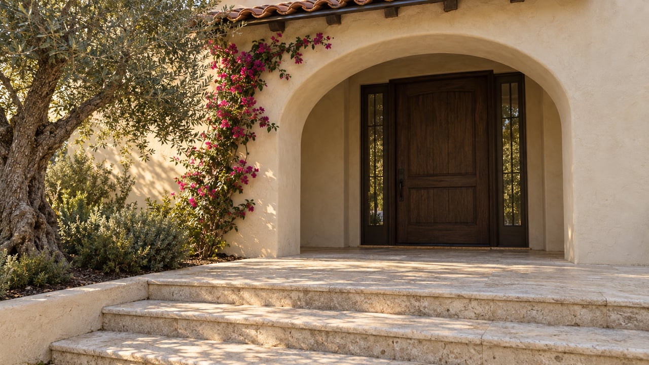 Plaster arch frames a closed oak entrance door above limestone steps, shaded by olive foliage and magenta bougainvillea.