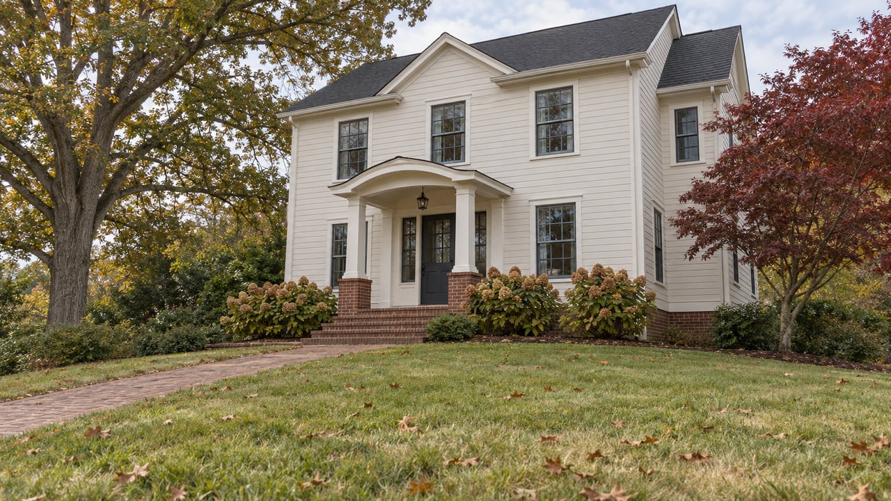 An off-white two-story home with a brick entry walk, generous sloping lawn and mature trees in autumn foliage.
