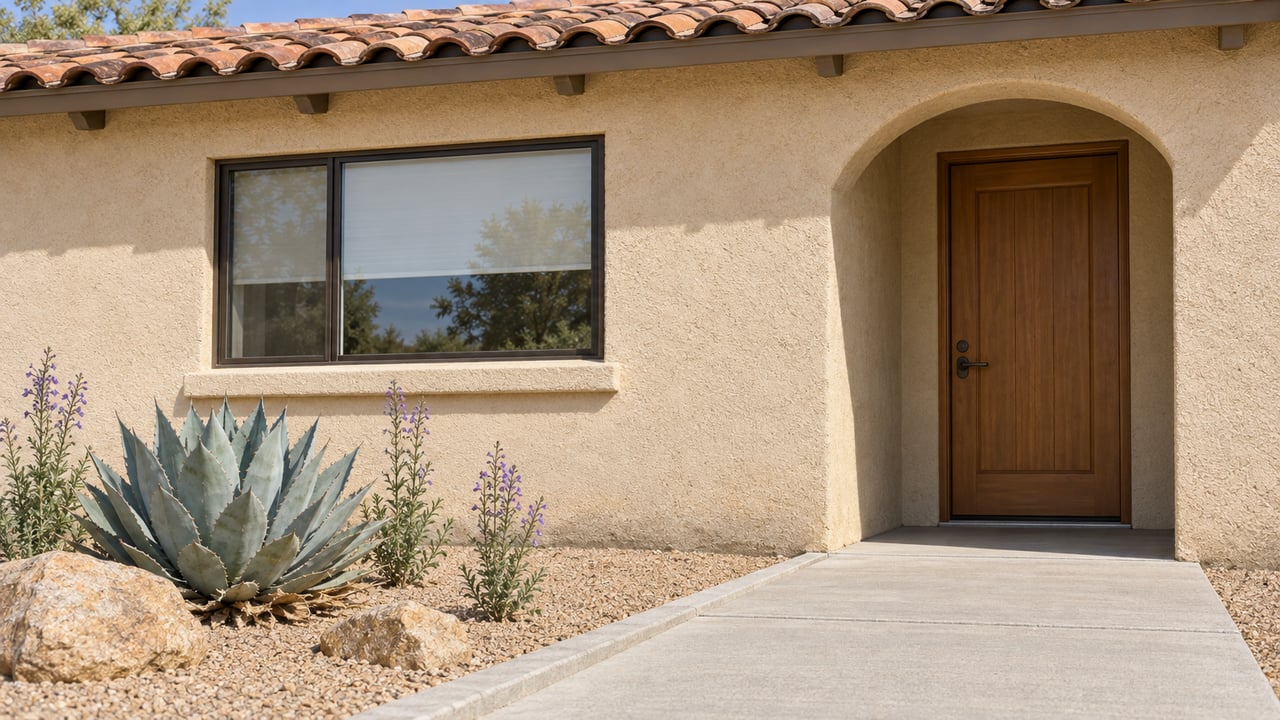 Sunlit stucco home entry beneath a terra-cotta tile roof, with a concrete walk, blue-gray agave and tan gravel.