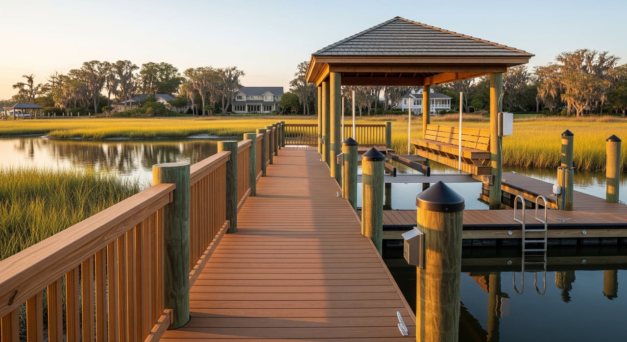 Wooden boardwalk leads to a covered dock over a calm marsh, bordered by tall reeds.