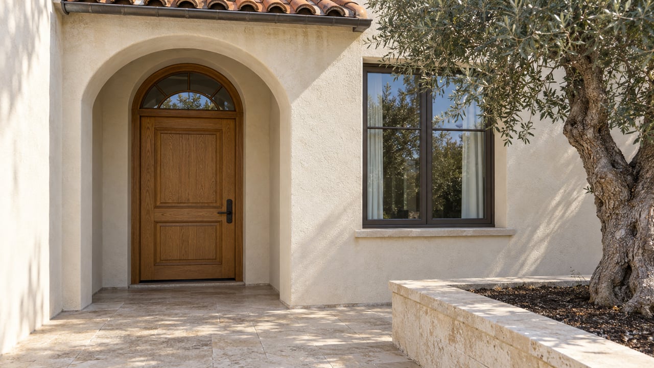 Cream stucco home with a terracotta roof edge, recessed arched oak entry, limestone terrace and a mature olive tree.