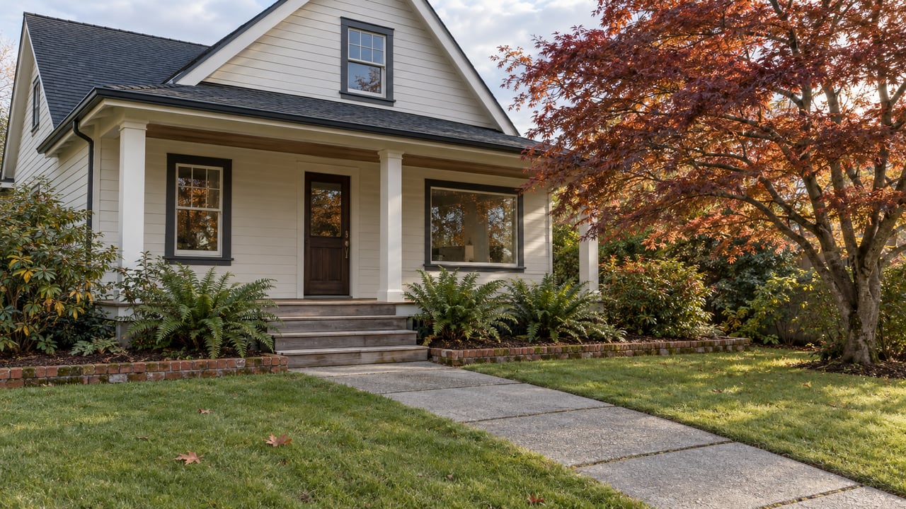 Ivory clapboard home with a cedar porch, deep front lawn, and a copper-leaved vine maple in soft autumn sunlight.