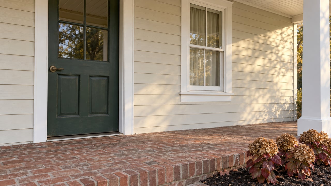 Covered entry with a deep-green door, cream clapboard siding, weathered brick porch and burgundy oakleaf hydrangeas.