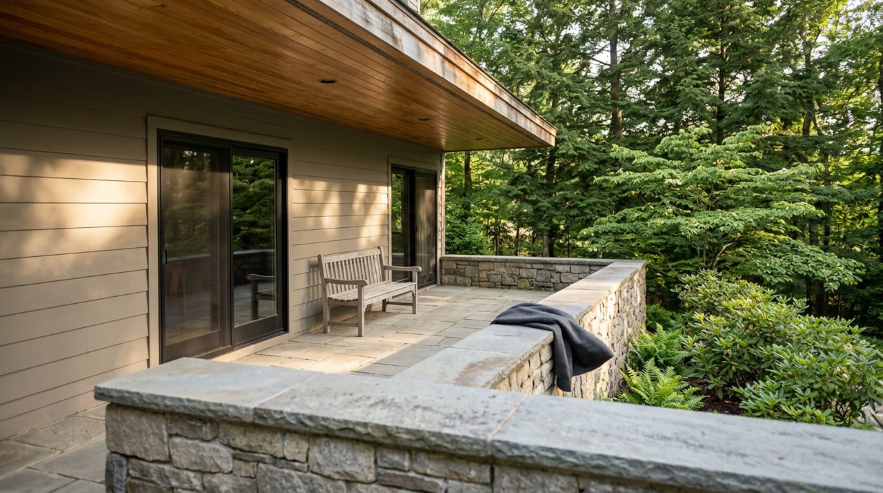Stone terrace with a weathered teak bench beneath cedar eaves, surrounded by dense trees.