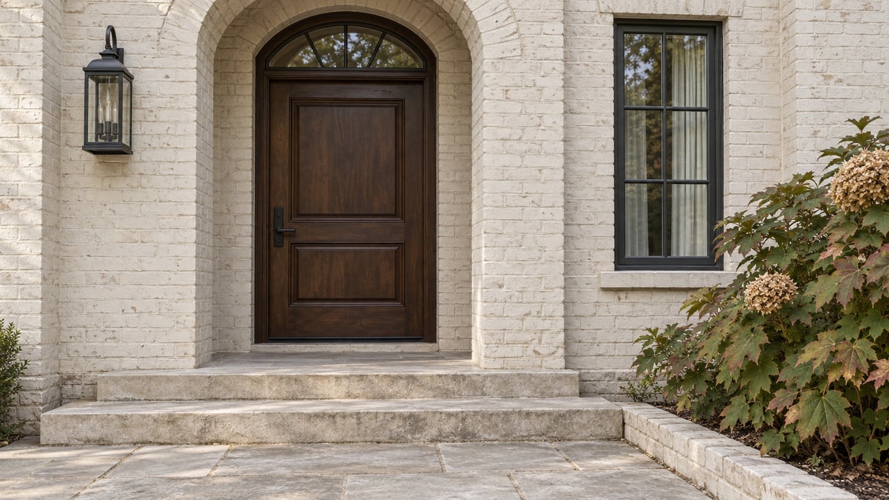 Cream-painted brick entry with a dark walnut door, arched transom, limestone steps and oakleaf hydrangea.
