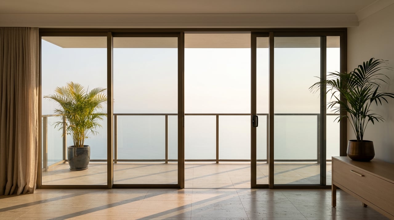 High-rise living room with floor-to-ceiling glass doors, a palm on the balcony, and long sunlit shadows across tile.