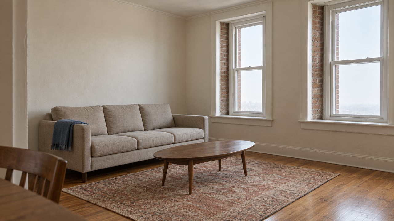 Soft daylight falls through deep-set windows across oak flooring and a compact living room with an oatmeal sofa and a worn patterned rug.