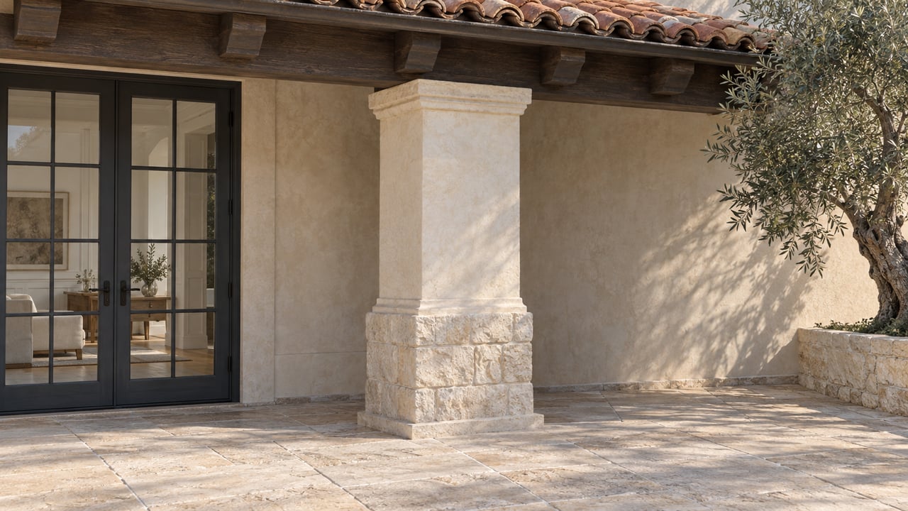 Stucco loggia with a glazed French door, limestone pier, clay-tile roof, and olive tree beside a pale stone terrace.