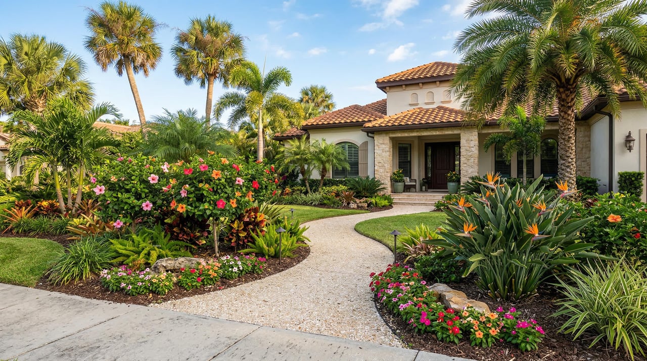 Tropical Florida backyard with palm trees, colorful flowering plants, and lush green landscaping.