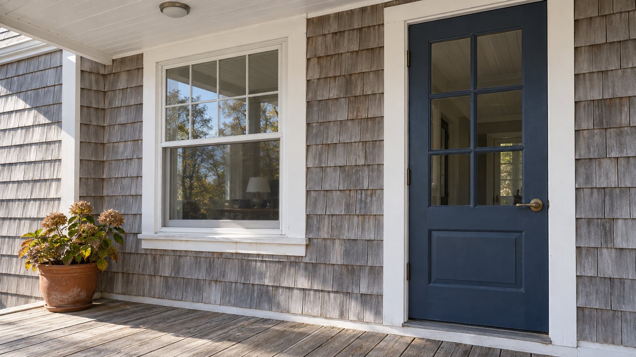 Sunlight crosses a raised porch with silvered cedar shingles, a blue glazed door and a potted hydrangea with dried autumn flowers.