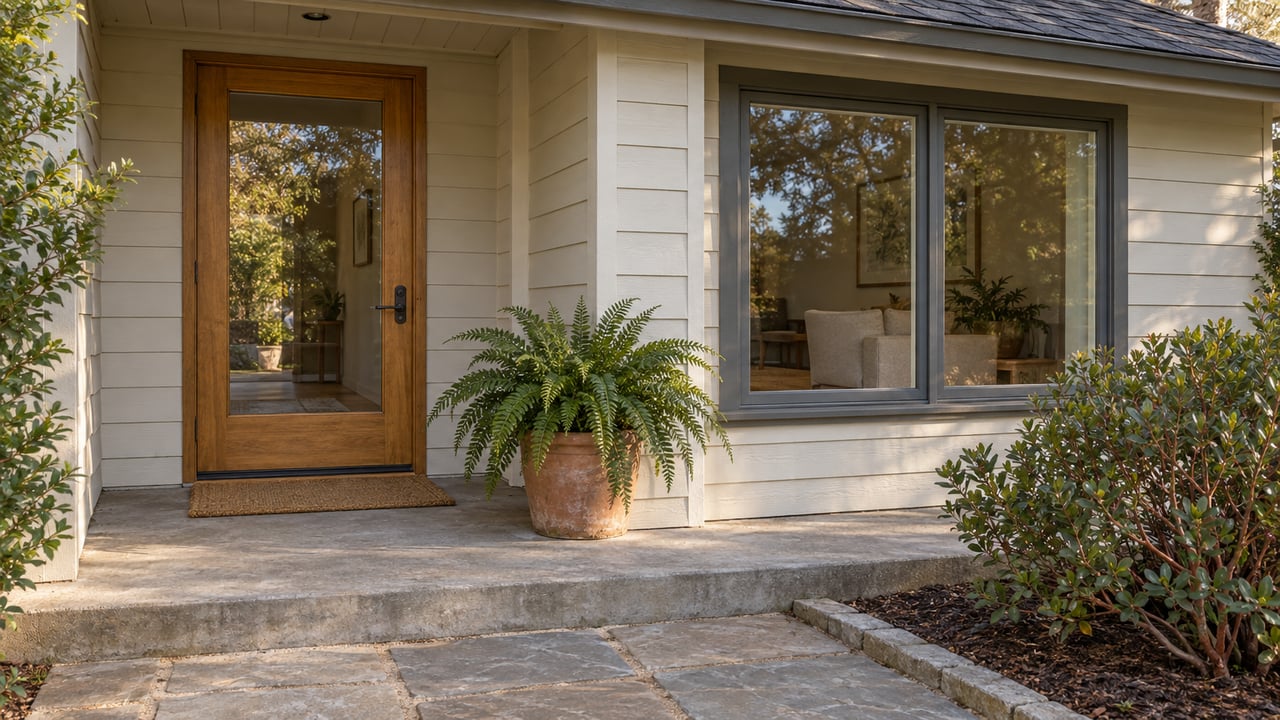 Morning light on a wood-sided home's covered entry, broad window, concrete step, and a potted sword fern.