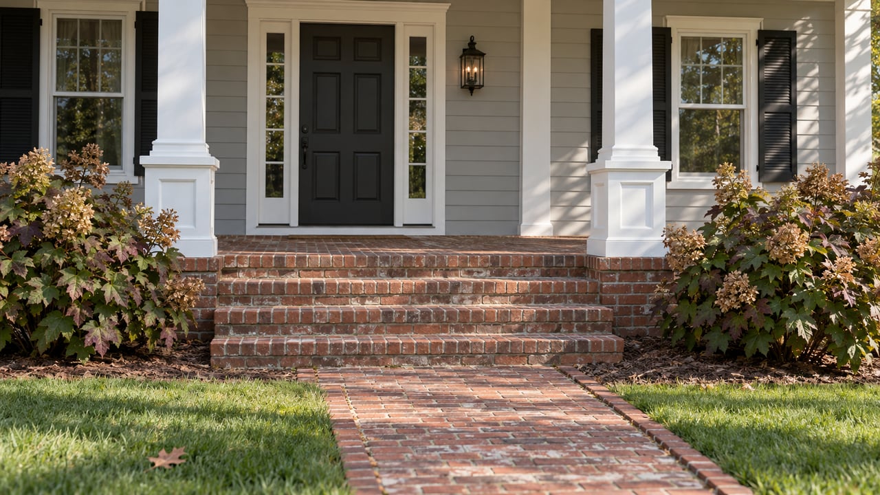 Traditional home's covered entrance with white columns, gray lap siding, weathered brick steps and oakleaf hydrangeas.