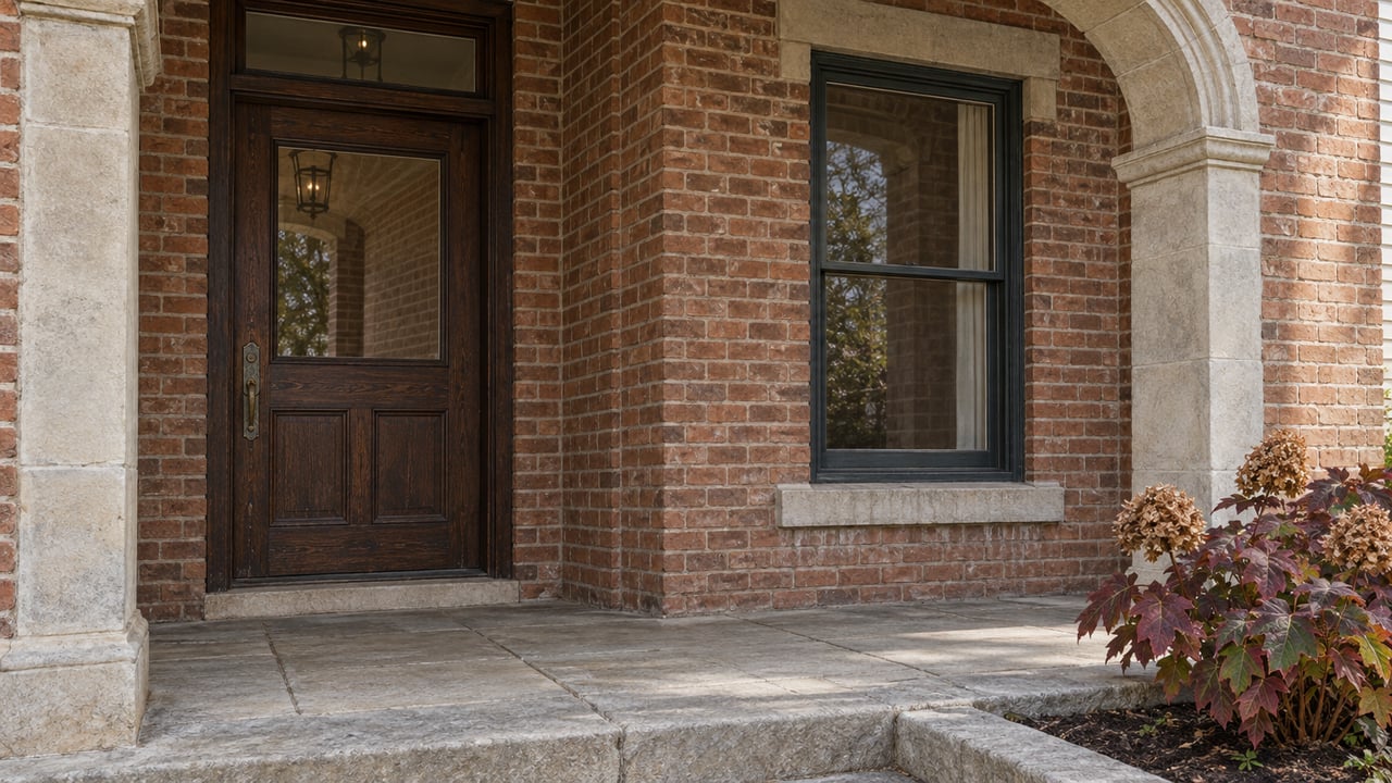 A sheltered brick-home entrance with a glazed oak door, carved limestone arch, worn stone porch and autumn oakleaf hydrangea.