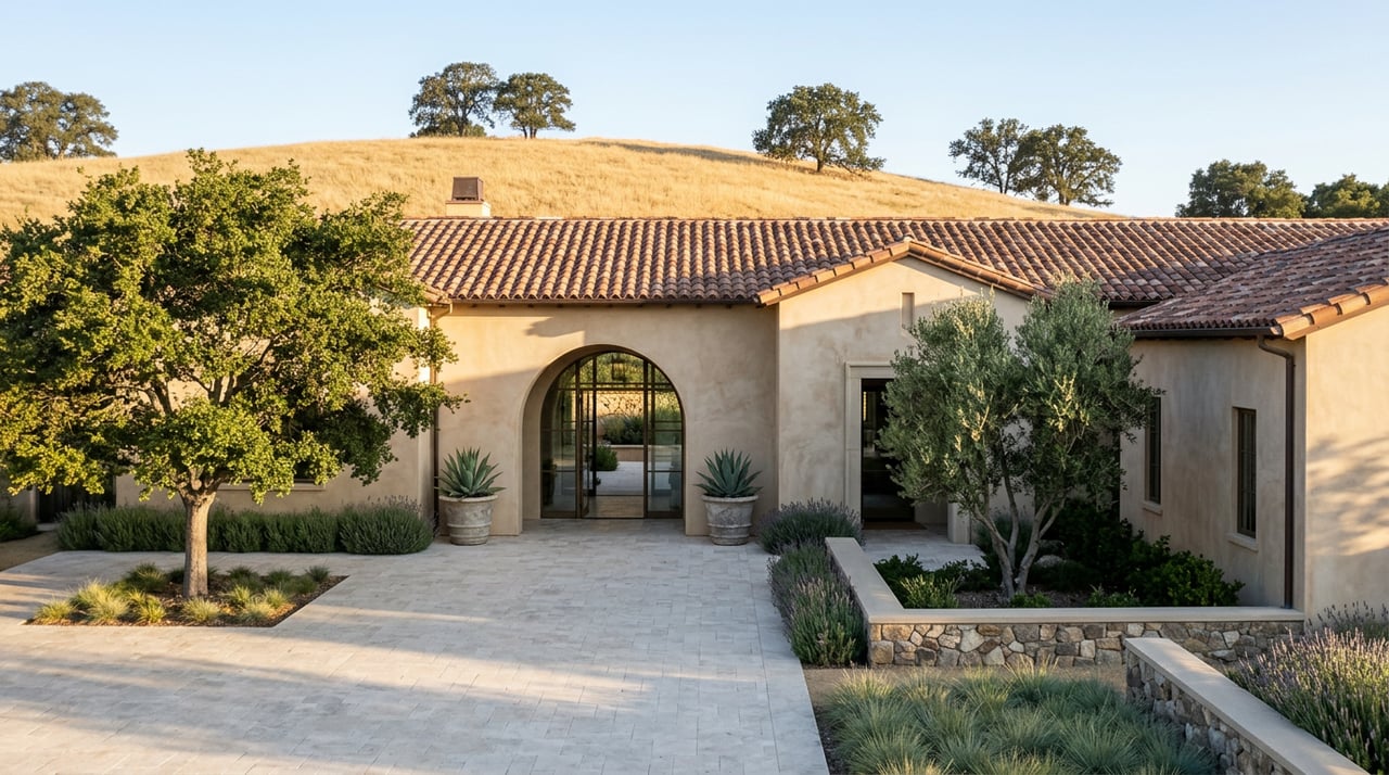 Hillside Mediterranean-style home with terracotta roof, arched breezeway, travertine-paved court, and mature oak.