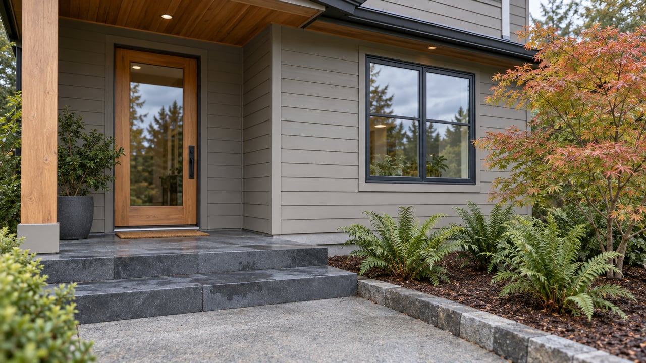 Detached house entry with a glazed timber door, four-pane window, basalt steps, and a small Japanese maple.