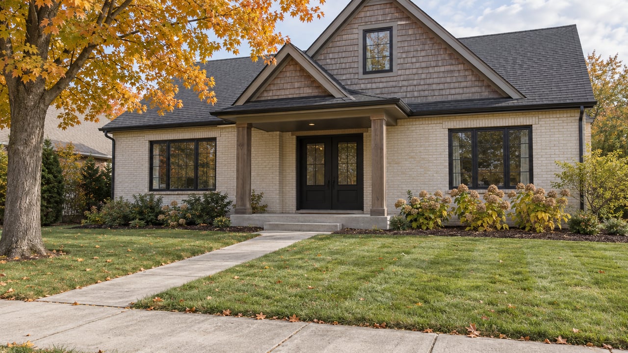 An ivory-brick and cedar-shingle home behind a deep lawn, with an orange maple and dried hydrangea flowers in soft autumn daylight.