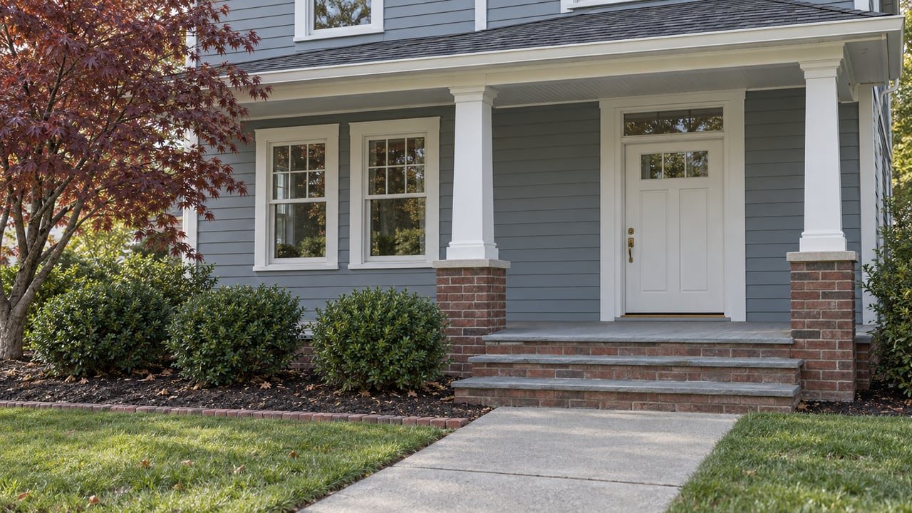 Blue-gray clapboard home with white porch columns, brick foundation, bluestone steps and an autumn garden beside a straight concrete walk.