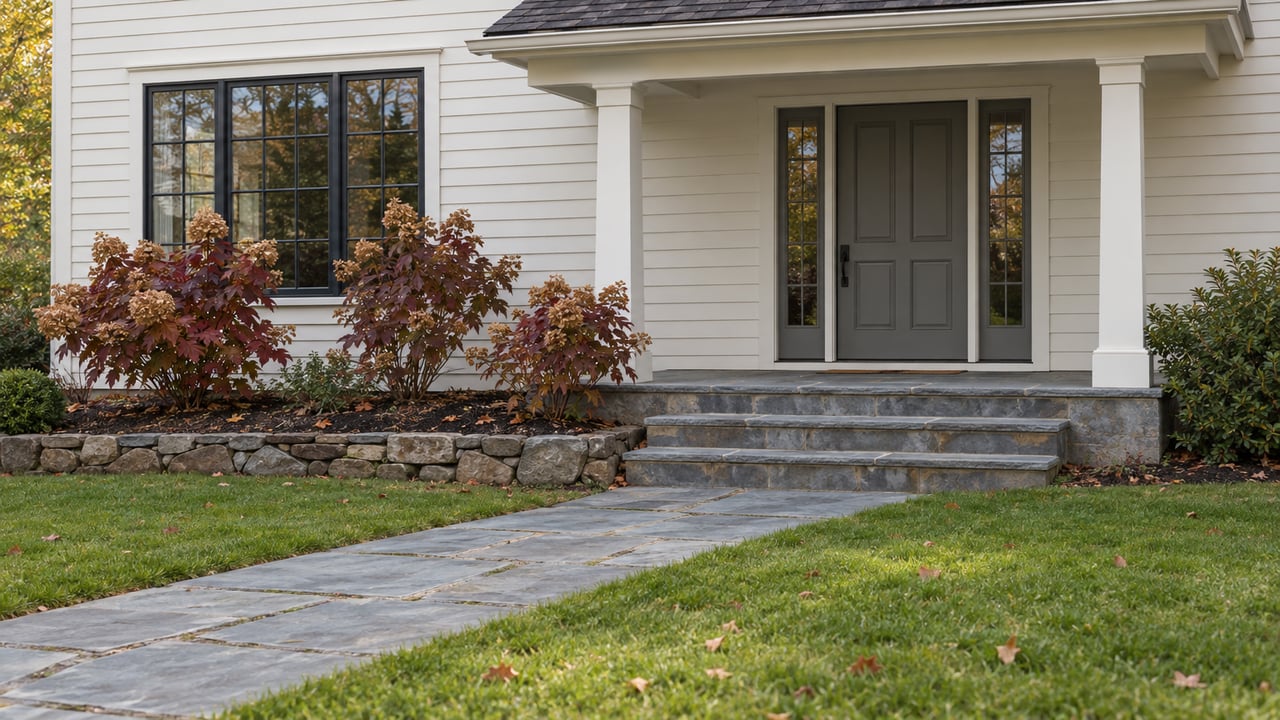 White clapboard home with a covered stone porch, divided-light window, bluestone path and autumn oakleaf hydrangeas.