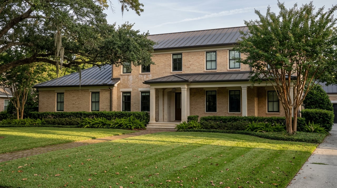Two-story brick-and-stone home with a columned porch, deep front lawn, and mature trees.