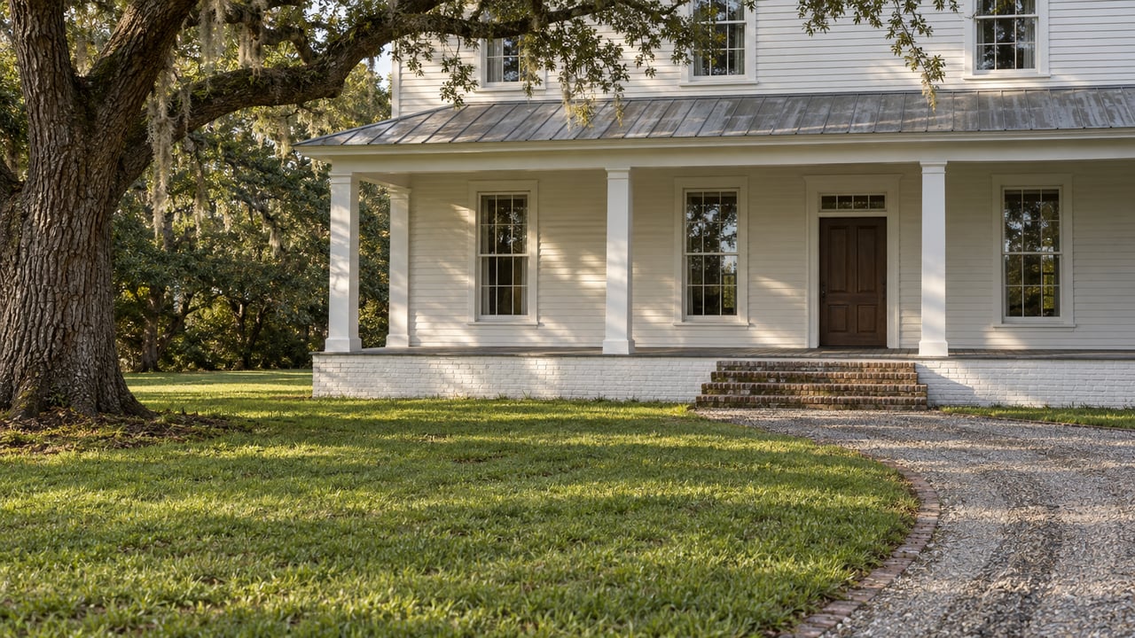 White clapboard residence with a deep timber porch beyond a broad lawn, framed by a spreading oak and a curved gravel approach.