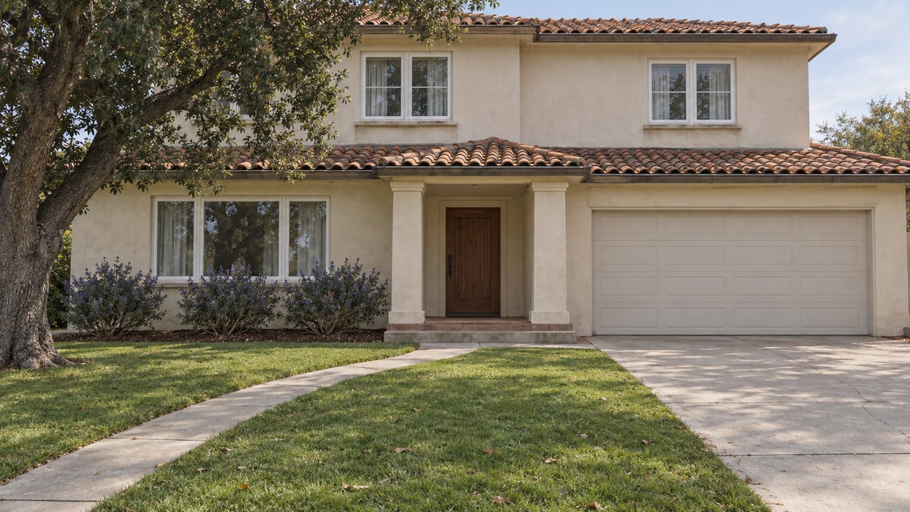 A well-maintained ivory stucco home with terracotta roof tiles, a generous front lawn, and a mature oak beside the entry walk.