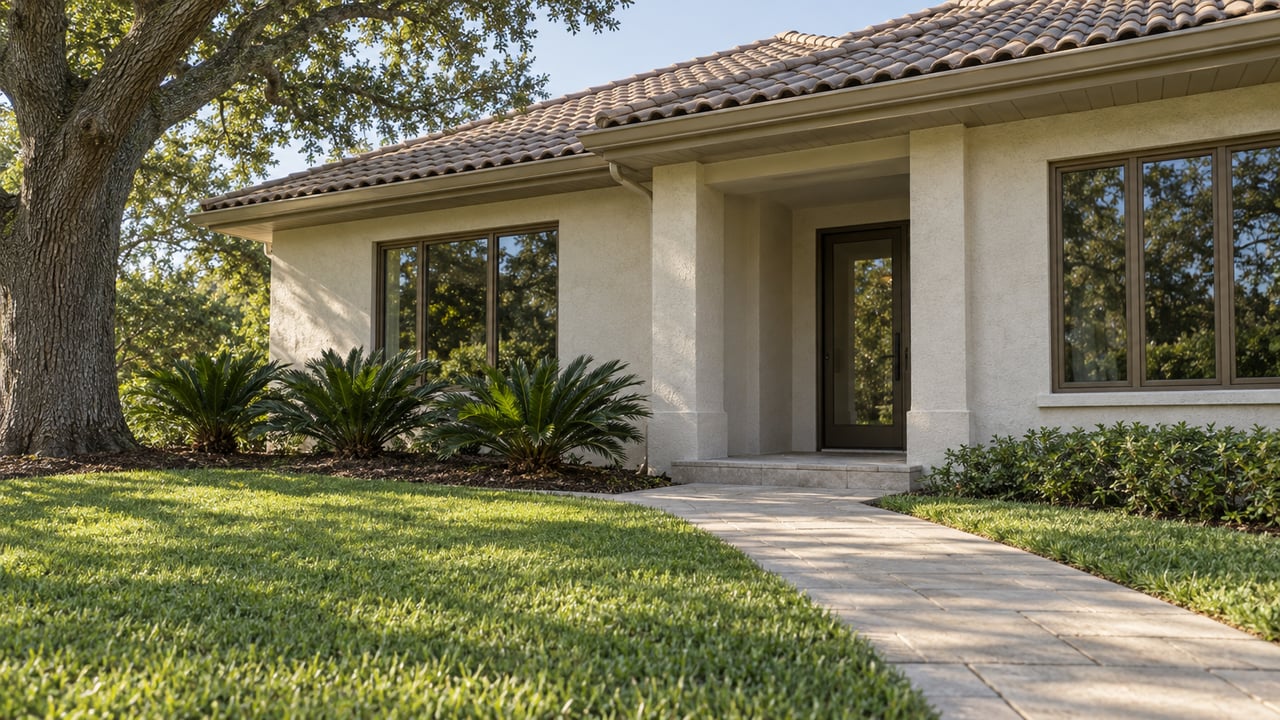 An off-white stucco home with a tiled hip roof, sheltered glazed entry, and a paved approach through lawn beneath a spreading live oak.