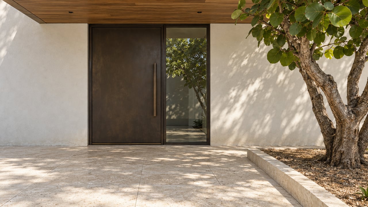 Close view of a warm-white stucco home's covered entrance, with a bronze door, wood soffit, limestone paving and a sea-grape tree.
