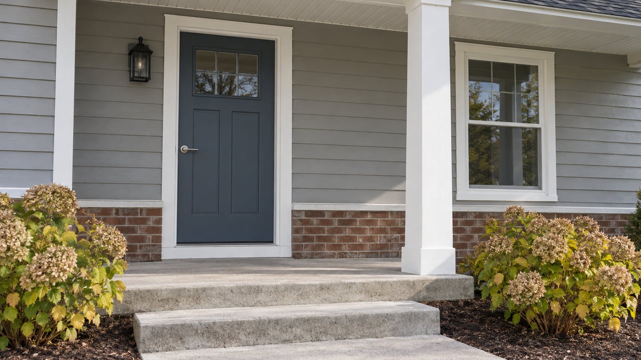 Covered entry of a gray-sided home with a blue door, brick foundation, white porch column and autumn hydrangeas.