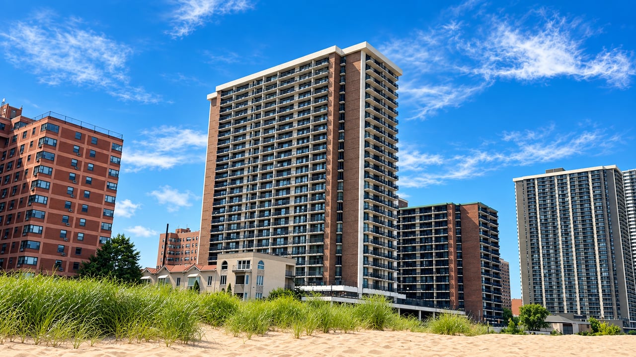 Pink Edgewater Beach Apartments building on Sheridan Road in Edgewater, Chicago