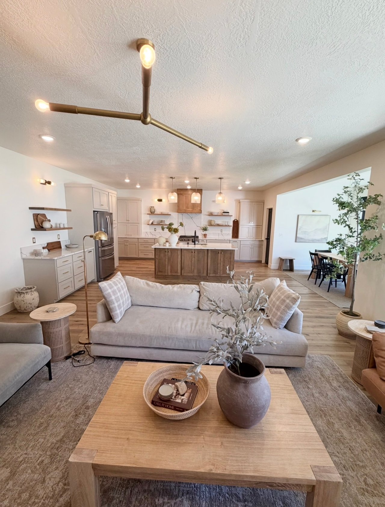 Open-plan living room and kitchen with a light sofa, wood island, and brass branch-style ceiling fixture.