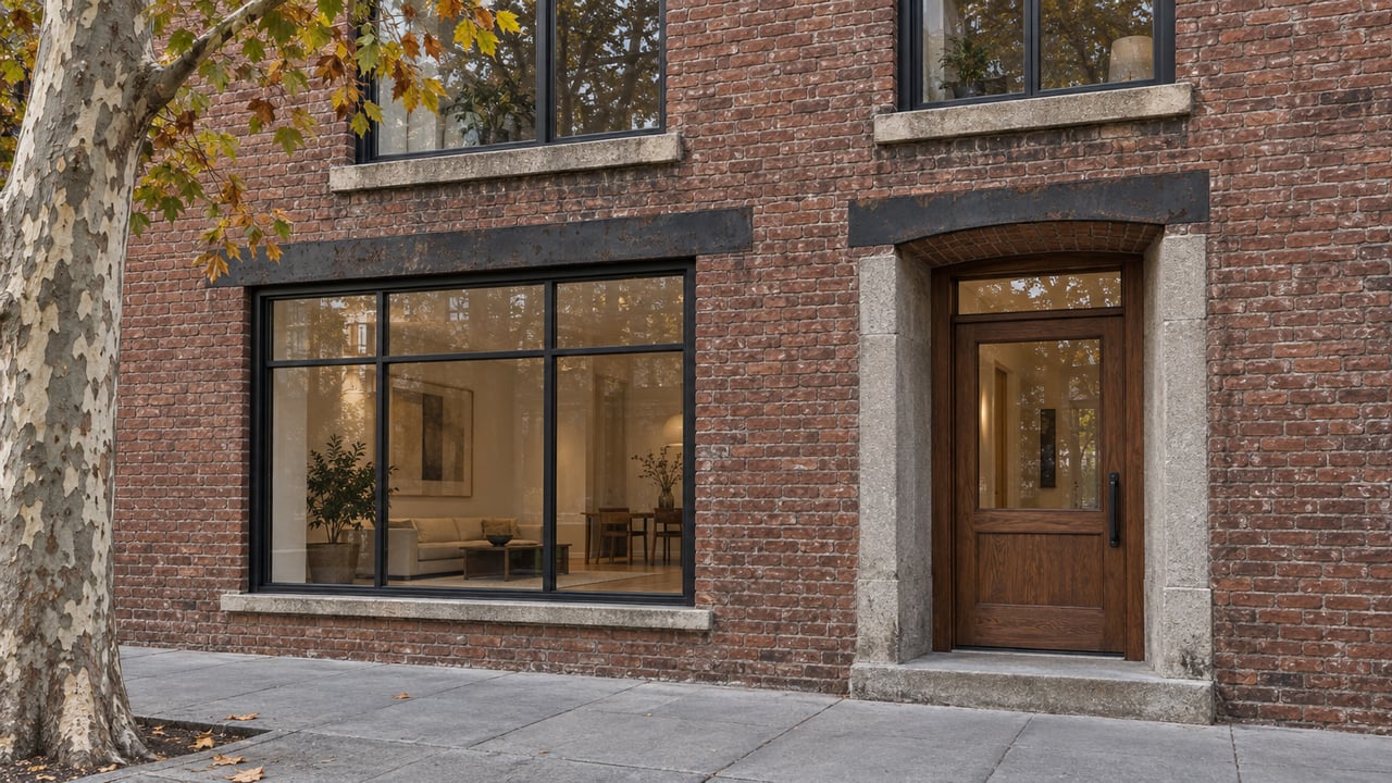 Brick loft residence with tall steel-framed windows, a recessed walnut entrance, and autumn plane-tree leaves above a stone sidewalk.