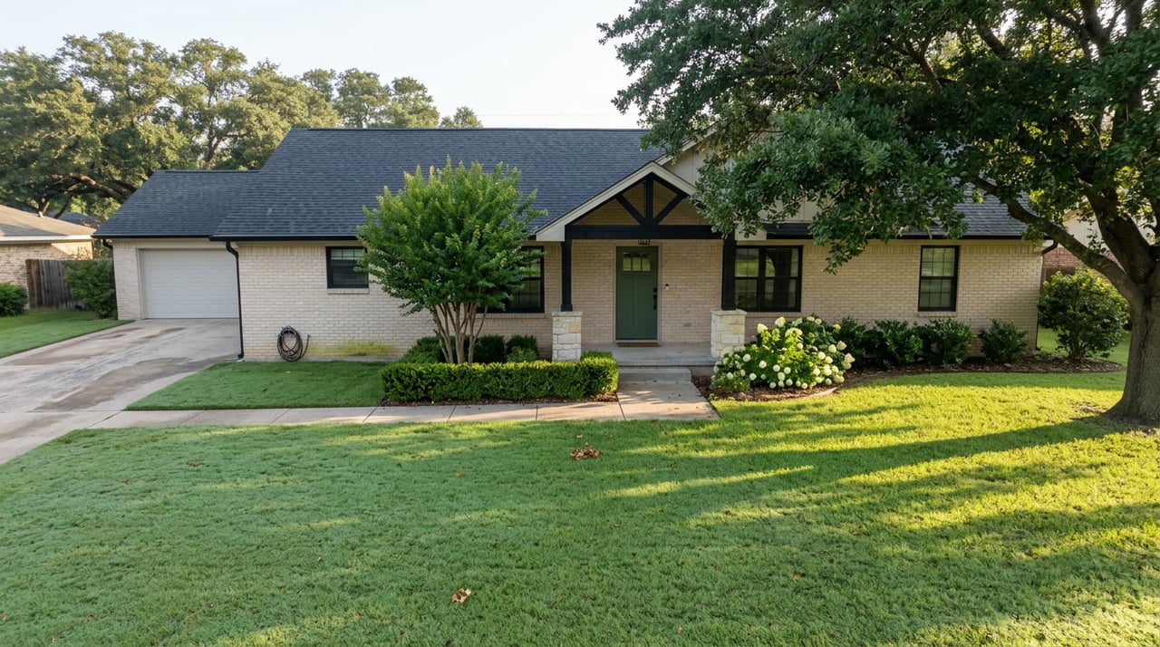 Pale brick suburban home with a green front door, broad lawn, and live oak casting shadows across the grass.