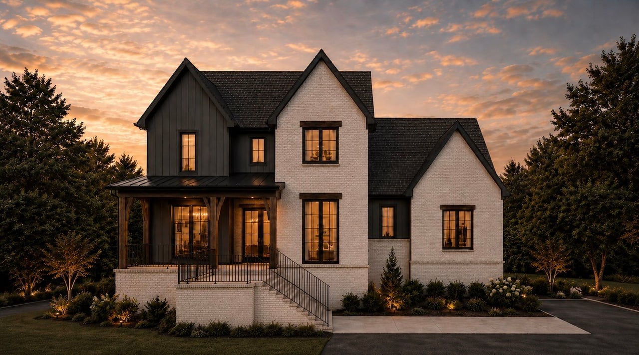 Front exterior of the luxury home at 5160 Bond Mill Rd in The Mill at Bond Springs, Thompson's Station, Tennessee, featuring timeless brick architecture, designer finishes, black-framed windows, and upscale outdoor living in Williamson County.